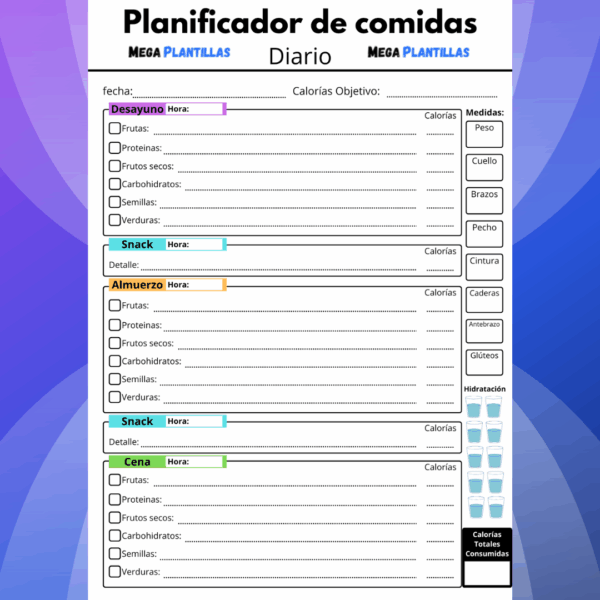 Plantilla Editable de Planificador de Comidas Diarias con Registro Nutricional y Medidas Corporales en Canva - Ideal para Nutricionistas