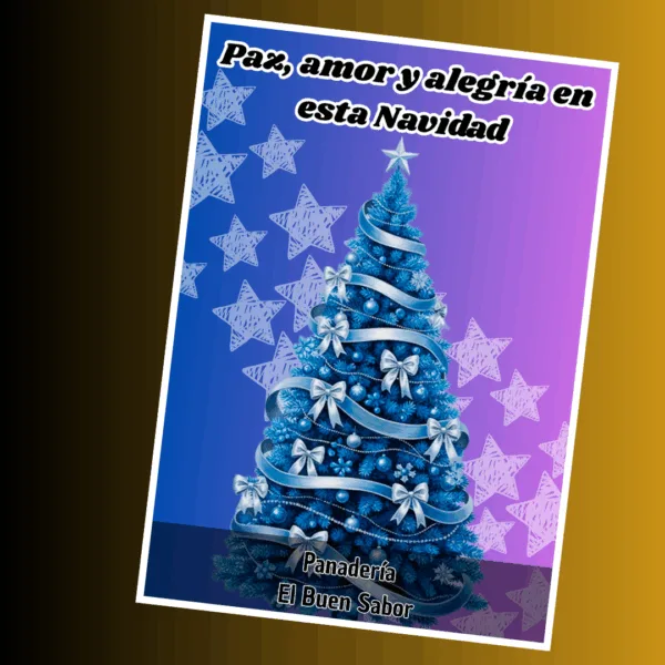 Plantilla Editable de Tarjeta Navideña A5 con Árbol Azul en Canva | Descarga inmediata